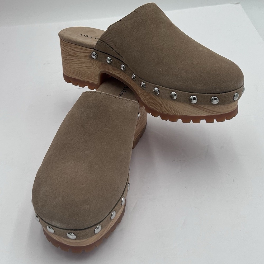 Lisa Vicky VIM-V Women's Tan Camel Suede Clog Mules Shoes Metal Studs Size 7M - Picture 8 of 11